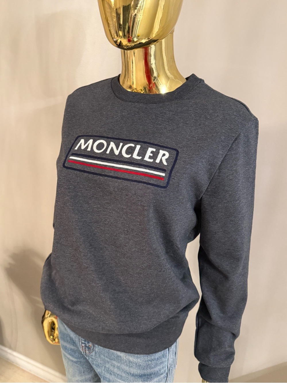 Moncler Charcoal Gray Logo Crewneck Sweatshirt with Red & White Stripe